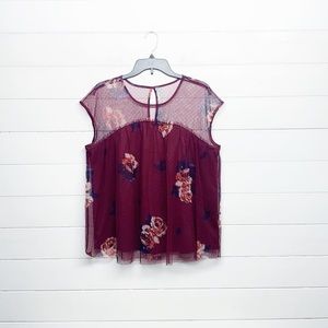 Maurices Floral Maroon Tulle Top‎